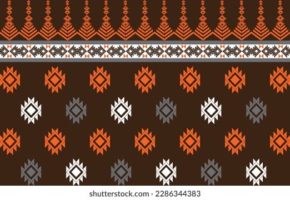 Patrón oriental geométrico tradicional sobre diseño marrón oscuro para fondo, alfombra, tapicería, envuelto, ropa, tela, batik, ilustrador vectorial, estilo bordado, floral, flor, cultura