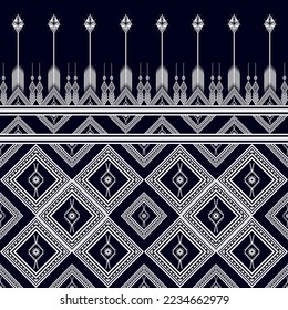 Patrón geométrico tradicional para fondo, alfombra, papel pintado, ropa, envoltura, batik, tela, sarong, negro y blanco Patrón de bordado vectorial