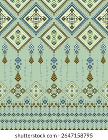 Patrón étnico geométrico tradicional en tonos verdes y terrestres - Fondo textil sin costuras