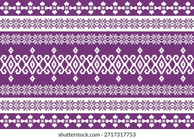 Patrón étnico geométrico tradicional inspirado en motivos textiles del sudeste asiático, adorno simétrico estilo píxel en púrpura y blanco, ideal para tela, Fondo de pantalla, embalaje y diseño de impresión de Vector.