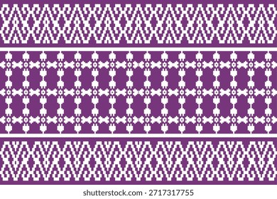 Patrón étnico geométrico tradicional inspirado en motivos textiles del sudeste asiático, adorno simétrico estilo píxel en púrpura y blanco, ideal para tela, Fondo de pantalla, embalaje y diseño de impresión de Vector.
