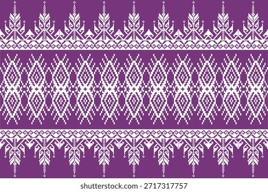 Patrón étnico geométrico tradicional inspirado en motivos textiles del sudeste asiático, adorno simétrico estilo píxel en púrpura y blanco, ideal para tela, Fondo de pantalla, embalaje y diseño de impresión de Vector.