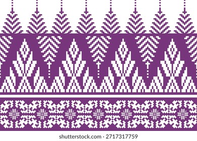 Patrón étnico geométrico tradicional inspirado en motivos textiles del sudeste asiático, adorno simétrico estilo píxel en púrpura y blanco, ideal para tela, Fondo de pantalla, embalaje y diseño de impresión de Vector.