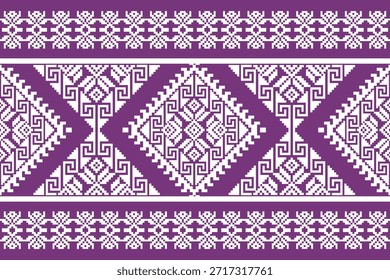 Patrón étnico geométrico tradicional inspirado en motivos textiles del sudeste asiático, adorno simétrico estilo píxel en púrpura y blanco, ideal para tela, Fondo de pantalla, embalaje y diseño de impresión de Vector.