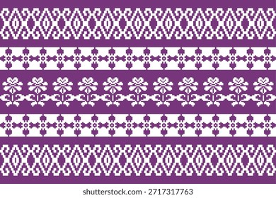 Traditional geometric ethnic pattern inspired by Southeast Asian textile motifs, symmetrical pixel-style ornament in purple and white, ideal for fabric, wallpaper, packaging, and vector print design.