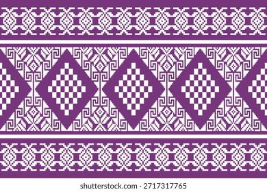 Patrón étnico geométrico tradicional inspirado en motivos textiles del sudeste asiático, adorno simétrico estilo píxel en púrpura y blanco, ideal para tela, Fondo de pantalla, embalaje y diseño de impresión de Vector.