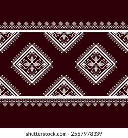 Traditional Geometric Ethnic Pattern with Symmetrical Design on Maroon Background, Inspired by Tribal Art