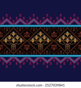 Padrão têxtil floral geométrico tradicional em cores vibrantes.