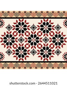 Traditional geometric folk embroidery pattern.Red and black cross stitch textile design.