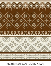 A Traditional geometric pattern in earthy tones featuring diamonds and floral motifs, perfect for textiles or wallpaper