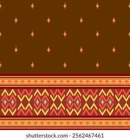 Traditional Geometric Pattern with Earthy Tones and Repetitive Motifs on a Brown Background, Featuring Symmetrical Diamond Shapes, Zigzag Lines, and a Blend of Yellow, Red, and Orange Colors