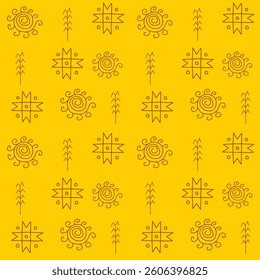 Traditional geometric pattern in folk style with spirals, lines, and floral elements on a bright yellow background. Perfect for textile design, wrapping paper, and prints.