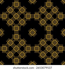 Traditional geometric pattern in gold on black, with intricate grid-like diamond motifs and cultural textile feel.
