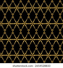 Traditional geometric pattern in gold on black, with intricate grid-like diamond motifs and cultural textile feel.
