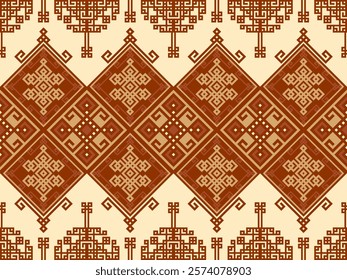 Traditional geometric pattern with intricate symmetrical designs in earthy brown tones, inspired by cultural textile motifs. Perfect for backgrounds, textiles, and decorative purposes.