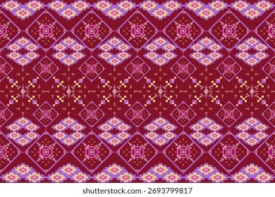Traditional geometric pattern with pixel art style in shades of red, pink, yellow, and purple. Inspired by Thai textile weaving. Perfect for fabric design, background, and decorative art.