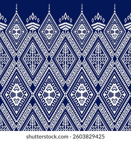 Traditional Geometric Pattern A seamless geometric pattern inspired by traditional textile designs, featuring diamond shapes, intricate line work, and symmetrical motifs in blue and white.