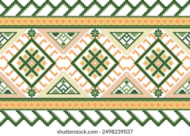 Traditional geometric pattern, textiles, featuring diamond shapes and zigzag lines in shades of green and peach. Includes symmetrical arrangements , intricate details, cultural artistry craftsmanship.