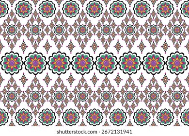 A traditional geometric pattern with vibrant multi-colored flowers and diamonds on white. Intricate, colorful design, ideal for textiles, digital art, or print, blending folk and bohemian styles.