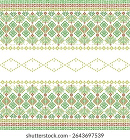 Traditional Geometric Pixel art seamless pattern inspired by vintage textile motifs in Green, Red, and Yellow Tones.