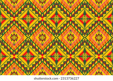 Traditional geometric seamless pattern design. Green, red, yellow. For backgrounds, rugs, wallpaper, clothes, wraps, batik, fabrics. Embroidery vector illustration.