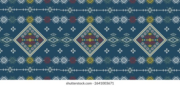 Traditional geometric textile pattern with diamond shapes and intricate symmetrical designs in blue, red, white, and yellow colors.