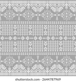 Traditional Geometric Textile Pattern with Ethnic Motifs, Folk Art Borders, and Symmetrical Ornamental Stitch Designs