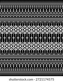 Traditional geometric textile pattern inspired by Thai silk weaving, featuring repeating diamond and linear motifs in black and white. The seamless ethnic design shows intricate symmetry and cultural craftsmanship, suitable for fabric prints, fashion, wallpaper, background decoration, and traditional or modern graphic design projects