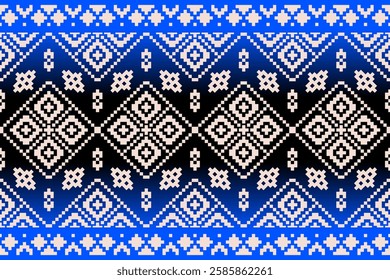 A traditional geometric textile pattern with pixel-style symmetry in black, white, and blue. Inspired by ethnic motifs, this seamless design is ideal for fabrics, wallpapers, and digital backgrounds.