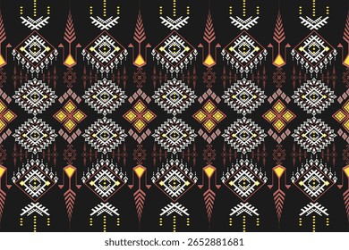 Traditional geometric textile pattern with a repetitive arrangement of lines and diamond shapes. Features a color palette of white, yellow, and deep pink on a black background, evoking a sense of loca
