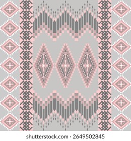 Padrão têxtil geométrico tradicional com formas de diamante simétrico, motivos tribais, cor-de-rosa e esquema de cor cinza