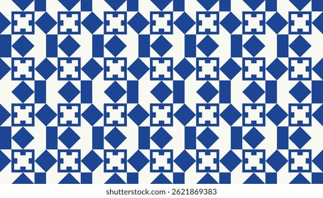 Traditional geometric tile pattern in blue and white with cross and diamond motifs