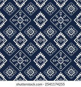 Traditional Geometric Tribal Pattern with White Diamond Motifs on Dark Blue Background