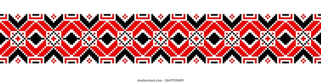 Traditional geometrical ornament isolated on white. Ukrainian Vyshyvanka. Cross stitch. Embroidery in black and red colors . Seamless pattern in vector. Element for design