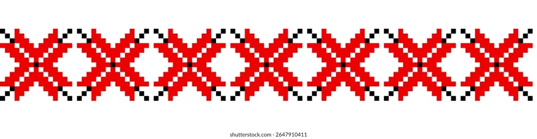 Traditional geometrical ornament isolated on white. Ukrainian Vyshyvanka. Cross stitch. Embroidery in black and red colors . Seamless pattern in vector. Element for design
