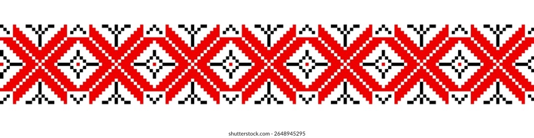 Traditional geometrical ornament isolated on white. Ukrainian Vyshyvanka. Cross stitch. Embroidery in black and red colors . Seamless pattern in vector. Element for design