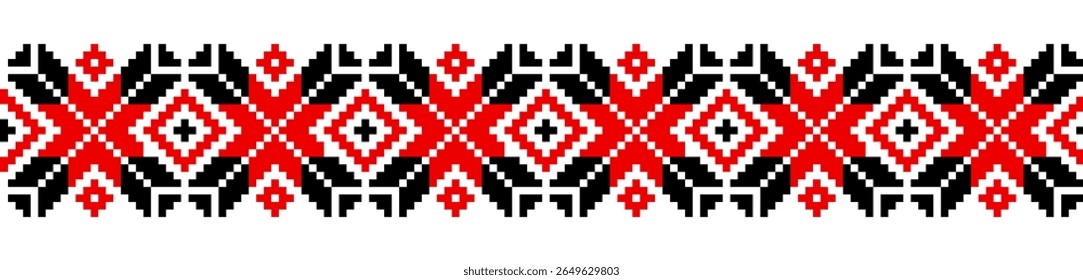 Ornamento geométrico tradicional isolado no branco. Vyshyvanka ucraniana. Ponto de cruz. Bordados de cor preta e vermelha . Padrão contínuo no vetor. Elemento de concepção