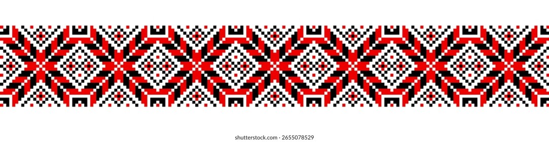 Ornamento geométrico tradicional isolado no branco. Vyshyvanka ucraniana. Ponto de cruz. Bordados de cor preta e vermelha . Padrão contínuo no vetor. Elemento de concepção
