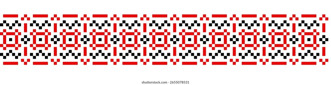 Ornamento geométrico tradicional isolado no branco. Vyshyvanka ucraniana. Ponto de cruz. Bordados de cor preta e vermelha . Padrão contínuo no vetor. Elemento de concepção