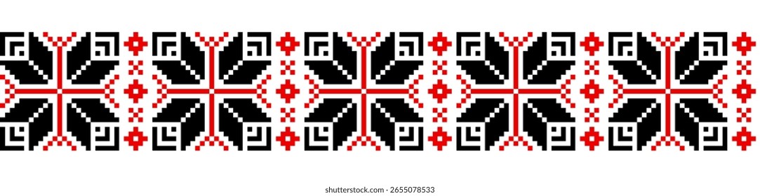 Ornamento geométrico tradicional isolado no branco. Vyshyvanka ucraniana. Ponto de cruz. Bordados de cor preta e vermelha . Padrão contínuo no vetor. Elemento de concepção