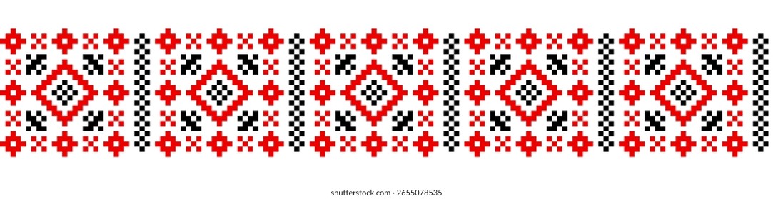 Ornamento geométrico tradicional isolado no branco. Vyshyvanka ucraniana. Ponto de cruz. Bordados de cor preta e vermelha . Padrão contínuo no vetor. Elemento de concepção