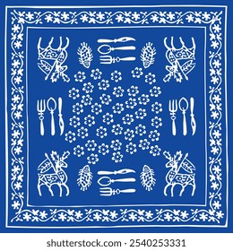 Toalha de mesa tradicional georgiana azul, fundo padrão, flores abstratas vetoriais, arte de linhas quadradas, cor azul, pano de fundo padrão georgiano moderno, sura, georgiano supra, 