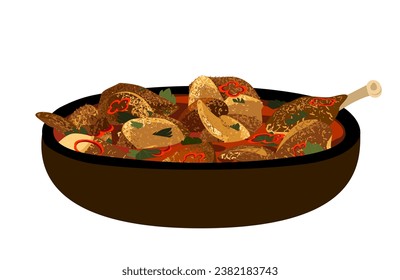 Traditional Georgian dish Chakhokhbili. Stewed chicken, tomato sauce with fresh herbs. Caucasian Kartuli food, Sakartvelo cuisine. Tasty meat meal.Flat vector illustration isolated on white background