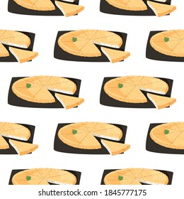 Traditional Georgian dish Khachapuri background. Baked bread filled with cheese, butter and egg. Caucasian meal seamless pattern.
