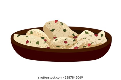 Traditional Georgian dish Satsivi.Stewed,fried chicken in walnut sauce with fresh herbs.Caucasian Kartuli food, Sakartvelo cuisine.Tasty meat meal.Flat vector illustration isolated on white background