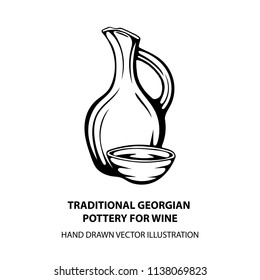 Traditional Georgian pottery for wine. Doqi and piala.
Ancient Georgian handmade clay vessels for wine.
Wine theme hand drawn vector illustration.