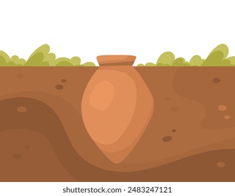 A traditional Georgian qvevri, a large clay vessel used for winemaking, buried in the ground. Vector illustration in flat style