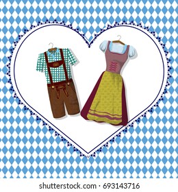 Traditional German (Bavarian) clothing  Dirdle and Lederhosen . October fest. Greeting card from Munich