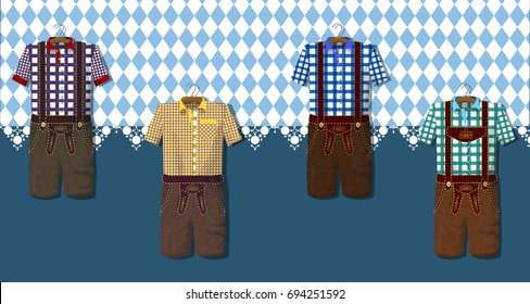 Traditional German (Bavarian) clothing: Lederhosen. Octoberfest. Greeting card from Munich. Collection of dresses