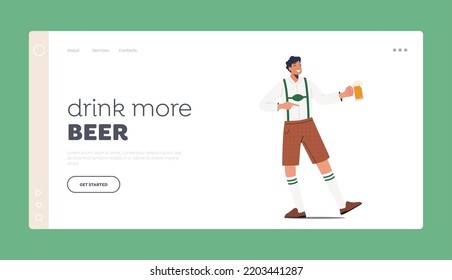 Traditional German Beer Fest Landing Page Template. Male Character Wear Bavarian Costume Holding Beer Tankard In Hand Celebrate Oktoberfest Festival. Cartoon People Vector Illustration